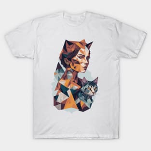 Geometric Woman with Cat abstract design T-Shirt